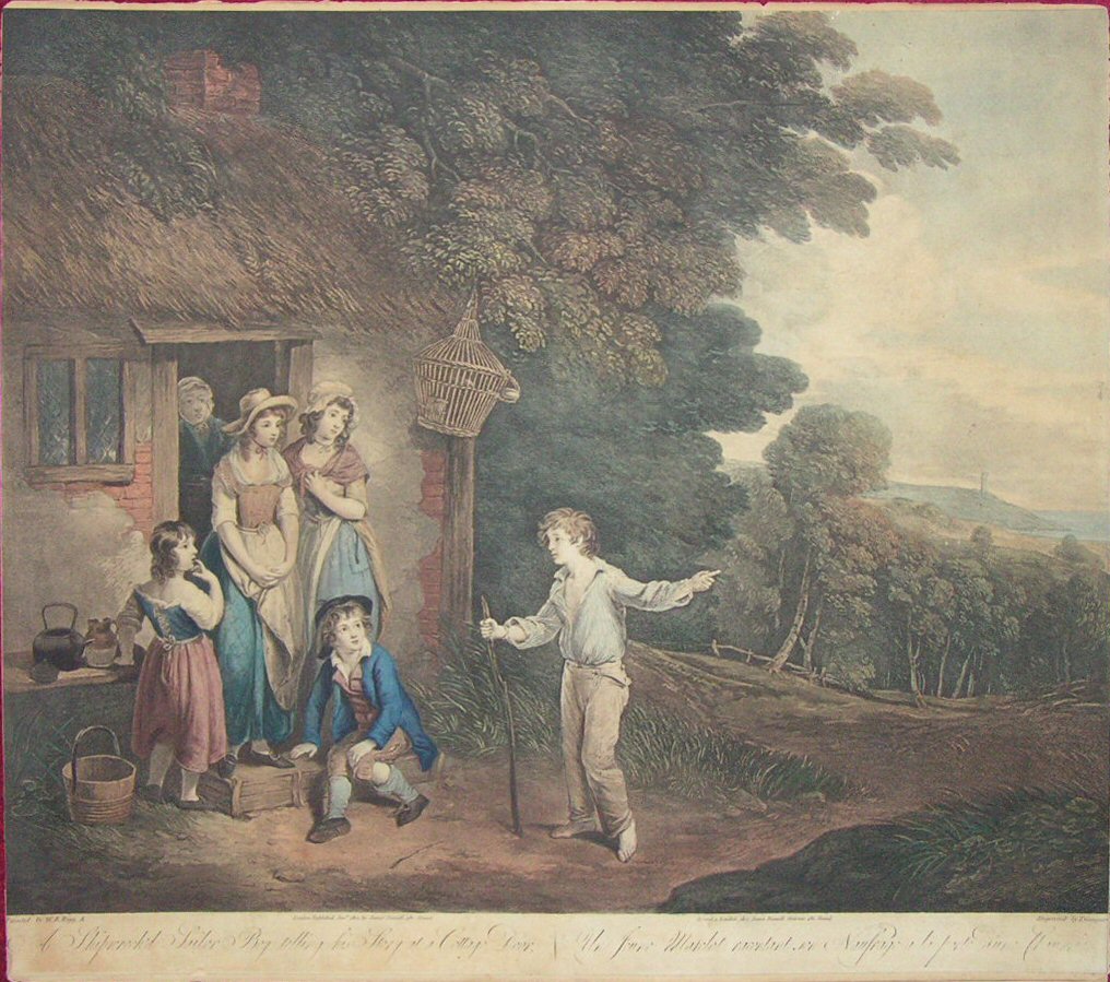 Lithograph - A Shipwreck'd Sailor Boy telling his Story at a Cottage Door. Un Jeune Matelot racontant son Naufrage a la porte d'une Chaume. - Gaugain